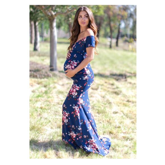 Pinkblush Maternity Blue Floral Off The Shoulder Wrap Maxi Dress Sz.M - Picture 1 of 16